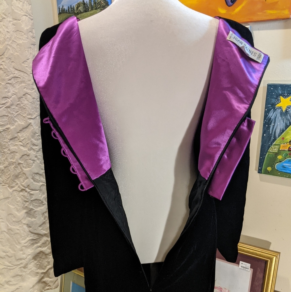 Vintage 1980''S Joan Raines New York Black Velvet Dress With Vibrant Purple Sati View 2
